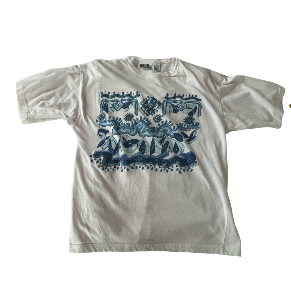 Vintage HKA Design Abstract Graphic T-Shirt White Blue Glitter 90s Made in USA L